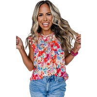 Red Frilled Neck Pleated Boho Floral Tank Top - L thumbnail