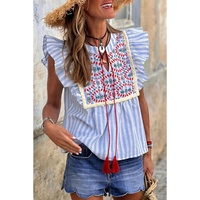 Sky Blue Stripe Geo Pattern Embroidered Tassel Flutter Blouse - L thumbnail