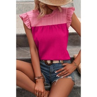Rose Red Two Tone Ruffled Flutter Sleeve Blouse - L thumbnail