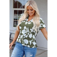 Green Floral Print Split Neck Short Sleeve Blouse - L thumbnail