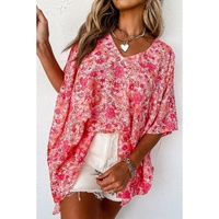 Pink Boho Floral V Neck Kimono Style Blouse - L thumbnail