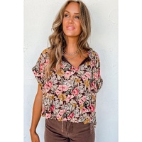 Pink Floral Print Bubble Hem Split Neck Blouse - L thumbnail