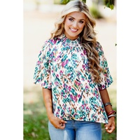 Light Blue Abstract Print Puff Sleeve Mock Neck Blouse - L thumbnail