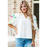 White Floral Embroidered Puff Sleeve Notched Neck Blouse - S thumbnail
