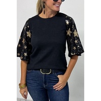 Black Star Sequin Splicing Half Sleeve Top - XL thumbnail