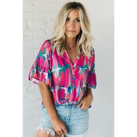 Rose Abstract Brushwork Print Buttoned V Neck Blouse - L thumbnail