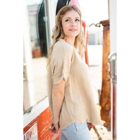 Parchment Crinkle Textured Frayed Trim Half Button Short Sleeve Top - L thumbnail