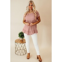 Pink Solid Short Sleeve Ruffle Hem Top - S thumbnail