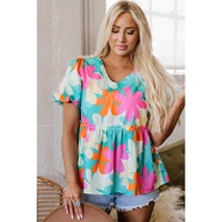 Pink Floral Print Bubble Sleeve V Neck Peplum Blouse - L thumbnail