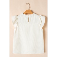 White Solid Color Ruffle Trim Waffle Knit Blouse - S thumbnail