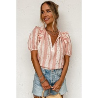 Red Frilled Short Puff Sleeve Mixed Print Blouse - L thumbnail