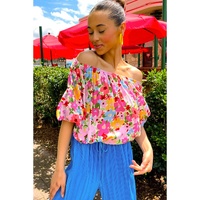Red Floral Print Puff Sleeve Pleated Elastic Neckline Blouse - M thumbnail
