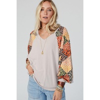 Parchment Contrast Printed Raglan Sleeves Patchwork V Neck Loose Top - L thumbnail
