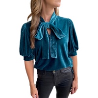 Azura Exchange Peacock Blue Velvet Bow Tie Neck Short Sleeve Top - L thumbnail