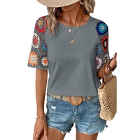 Medium Grey Floral Crochet Short Sleeve Top - M thumbnail