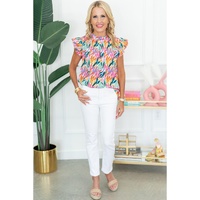 Rose Red Floral Print Ruffled Flutter Sleeve Blouse - L thumbnail