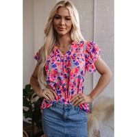 Rose Red Abstract Print Ruffled Sleeve V Neck Blouse - L thumbnail