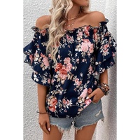 Blue Ruffle Off Shoulder Flounce Sleeve Floral Blouse - M thumbnail