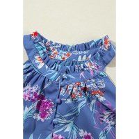 Sky Blue Floral Print Buttoned Neckline Tank Top - L thumbnail