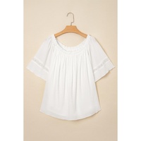 White Frilly Off Shoulder Lace Insert Sleeve Textured Blouse - M thumbnail
