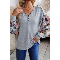 Gray Floral Lantern Sleeve Patchwork Buttoned V Neck Top - S thumbnail