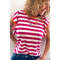 Rose Red Striped Ruffle Sleeve Crew Neck Blouse - XL thumbnail