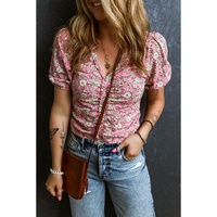 Pink Floral Short Puff Sleeve V Neck Ruched Blouse - XL thumbnail