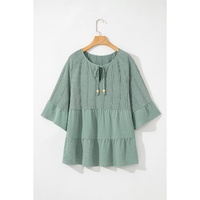 Laurel Green Tie Split Neck Textured Ruffle Patchwork Blouse - L thumbnail