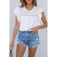 White Lace Neckline Flutter Sleeve Eyelets Blouse - L thumbnail