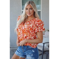 Orange Floral Print Ruffled Short Puff Sleeve Split Neck Blouse - 2XL thumbnail