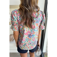 Pink Floral Print Button Split Neck Puff Sleeve Blouse - 2XL thumbnail