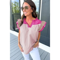Pink Colorblock Ruffled Sleeve Frill V Neck Blouse - XL thumbnail