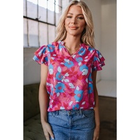 Rose Red Ruffled Sleeve Floral Blouse - L thumbnail