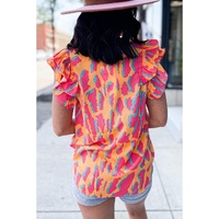 Orange Abstract Print V Neck Ruffled Sleeve Blouse - L thumbnail