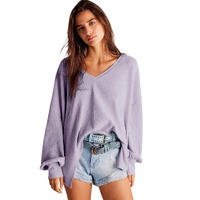 Orchid Petal Waffle V Neck Long Sleeve Drop Shoulder Loose Blouse - L thumbnail