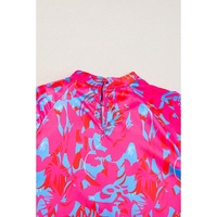 Purple Printed Bubble Sleeve Mock Neck Blouse - L thumbnail