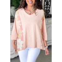 Pink Flower Patchwork Exposed Seam Oversized High Low Top - L thumbnail