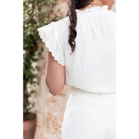 White Embroidered Ruffle Trim Textured Blouse - XL thumbnail