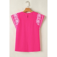 Sachet Pink Floral Embroidered Flutter Sleeve Pleated Neck Blouse - M thumbnail