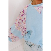 Beau Blue Textured Floral Patchwork Balloon Sleeve Blouse - L thumbnail