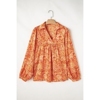 Orange Abstract Print Collared V Neck Babydoll Blouse - M thumbnail