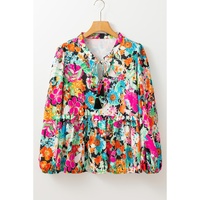 Multicolour Floral Print Bubble Sleeve V Neck Ruffled Blouse - XL thumbnail