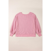 Pink Waffle Knit Bishop Sleeve Split Oversized Sweatshirt - M thumbnail