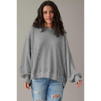 Gray Waffle knit Bishop Sleeve Split Oversized Top - S thumbnail