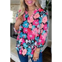 Pink Floral V Neck Roll Tab Sleeve Blouse - L thumbnail