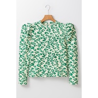 Blackish Green Leopard Print Mock Neck Puff Sleeve Top - L thumbnail