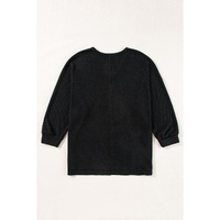 Black Waffle Knit Side Slits Loose Fit V Neck Top - S thumbnail