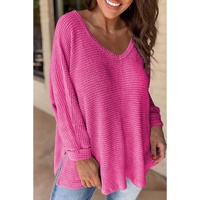 Rose Red Waffle Knit Side Slits Loose Fit V Neck Top - M thumbnail