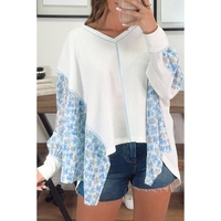 White Abstract Floral Patchwork Batwing Sleeve V Neck Blouse - M thumbnail