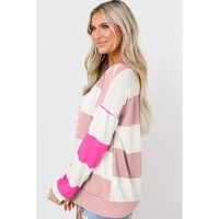 Light Pink Colorblock Striped Drop Shoulder Long Sleeve Top - L thumbnail
